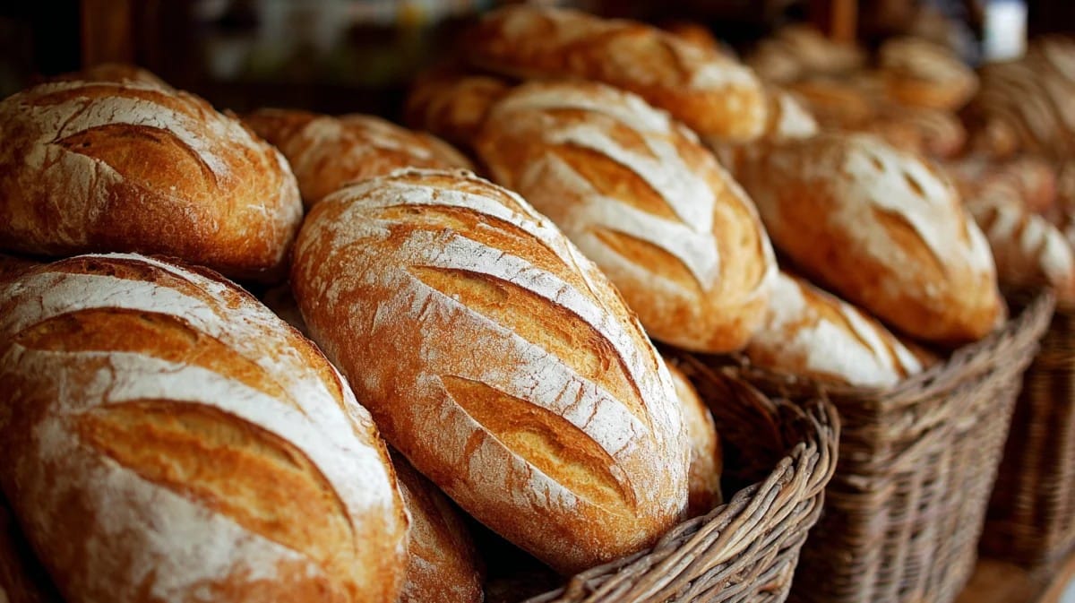 Golden sourdough loaves stacked in wicker baskets