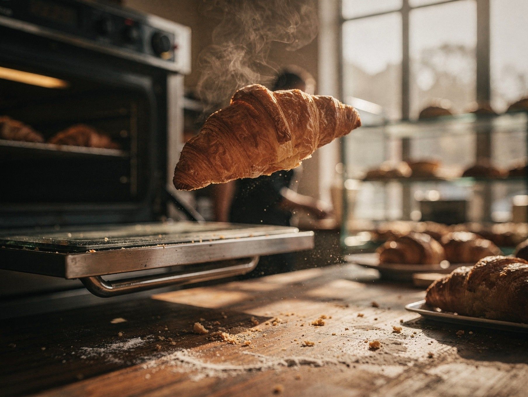 Freshly baked croissant in front of a bakery oven