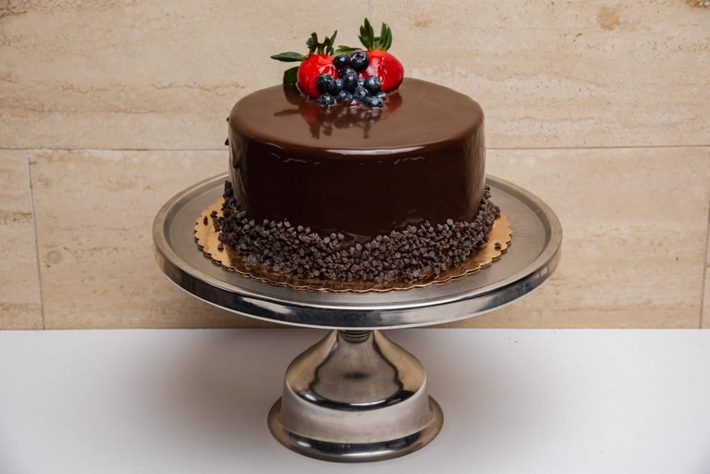Rich chocolate layer cake with ganache frosting